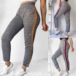 Women Plaid  Pants  High Waist Stretch Skinny Pant